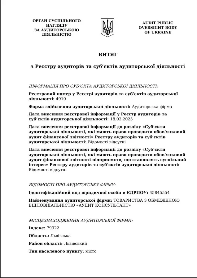 Витяг з Реєстру аудиторів та суб'єктів аудиторської діяльності — ТОВ «АУДИТ КОНСУЛЬТАНТ»